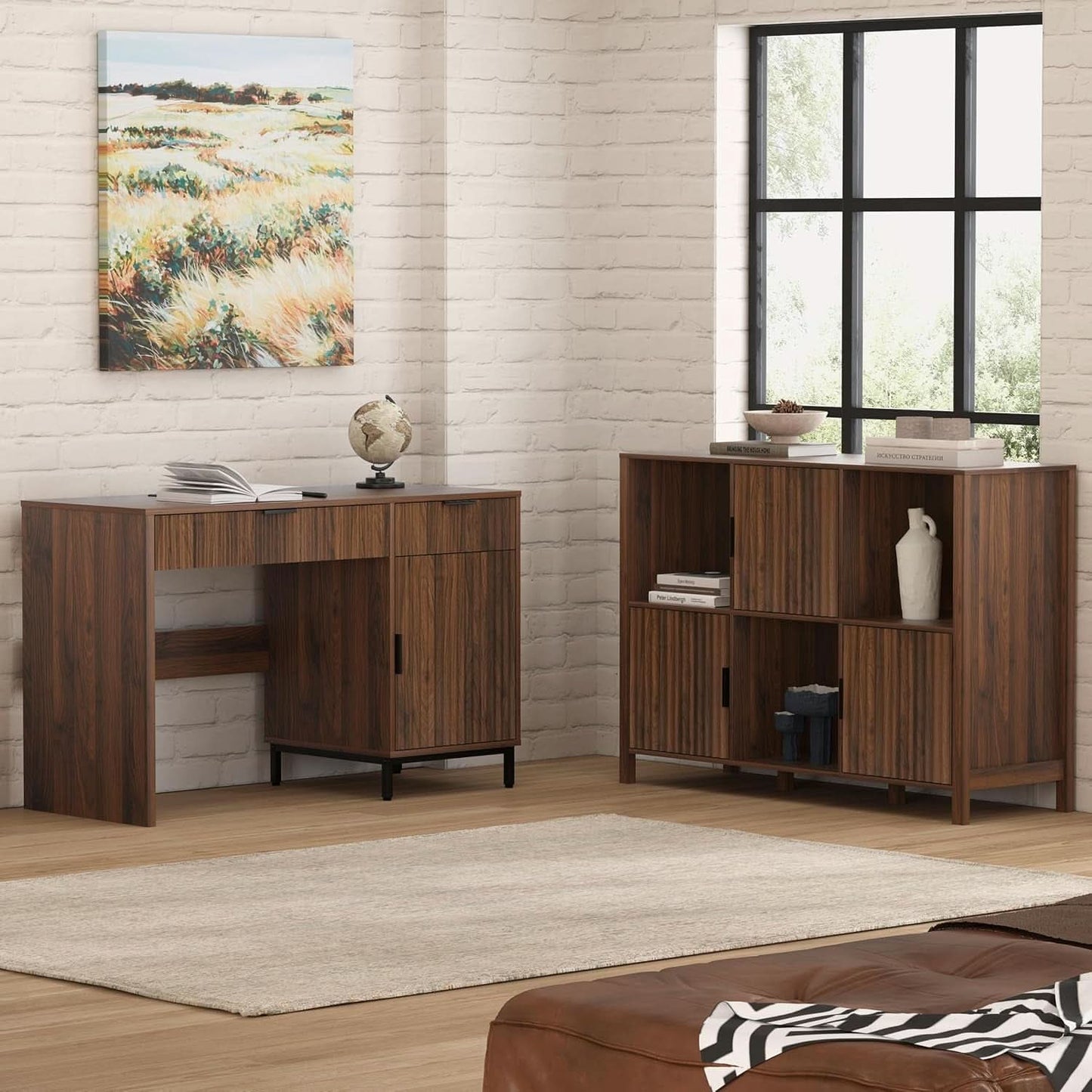 Brown 47 Inch Fluted Executive Desk Charging Station