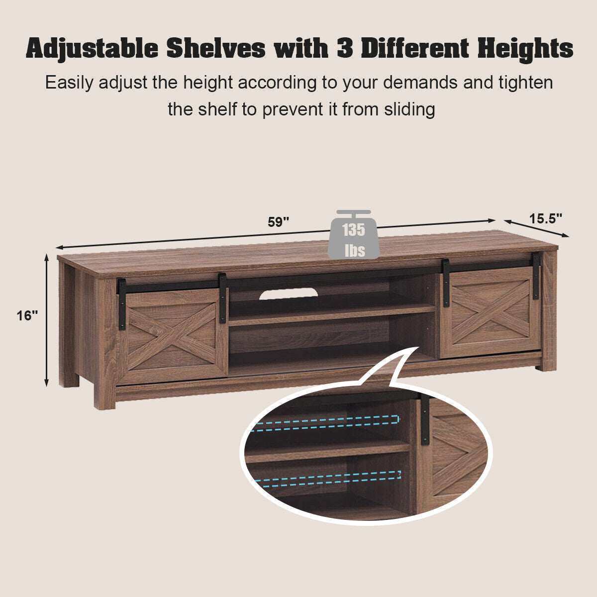 65 Inch Flat Sliding Barn Door TV Stand