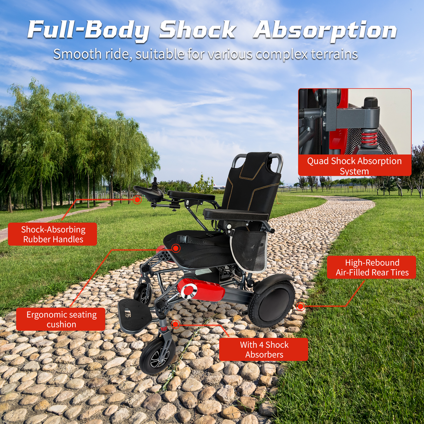 Wheelchair Electric Foldable Aluminum 40 Mile Dual Battery Black Red 42 In