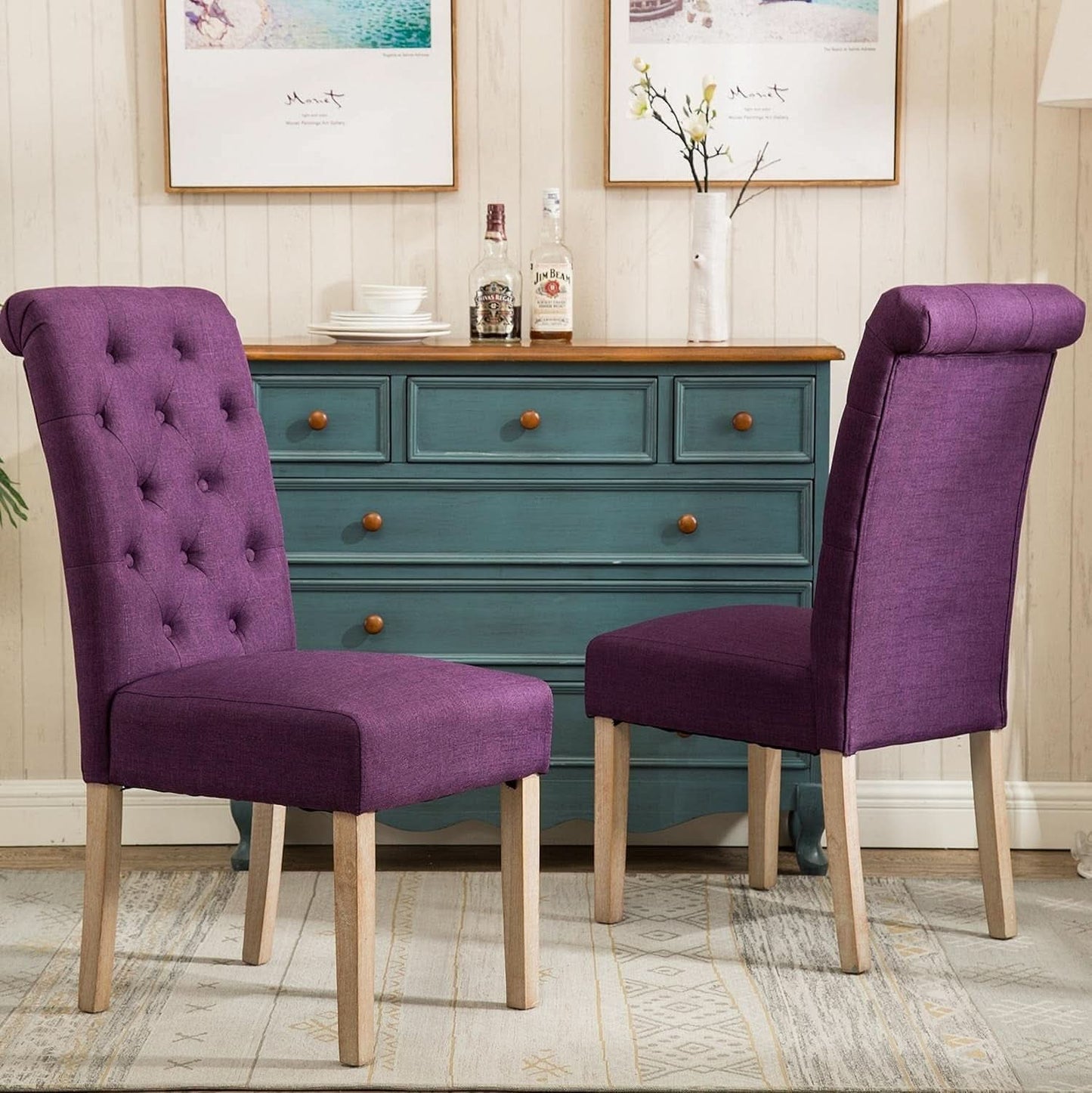Solid Wood Purple Tufted Parsons Dining Chair Set of 2