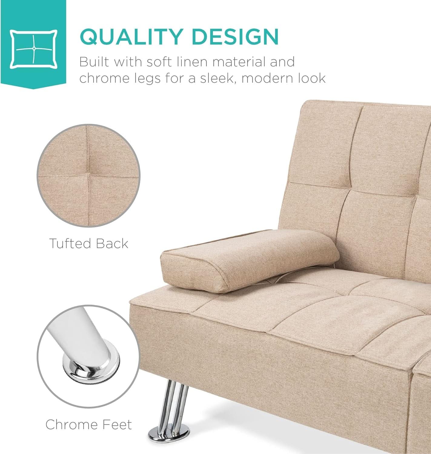 Beige Linen Folding Futon With Three Position Recline
