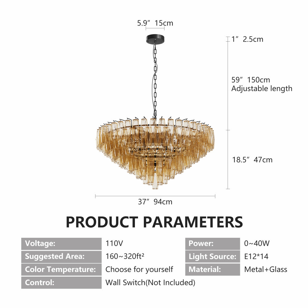 Tiered Smoke Glass Chandelier | 14-Light Round or 12-Light Rectangular, Brushed Black or Gold Metal Frame — 37" or 54", Dimmable