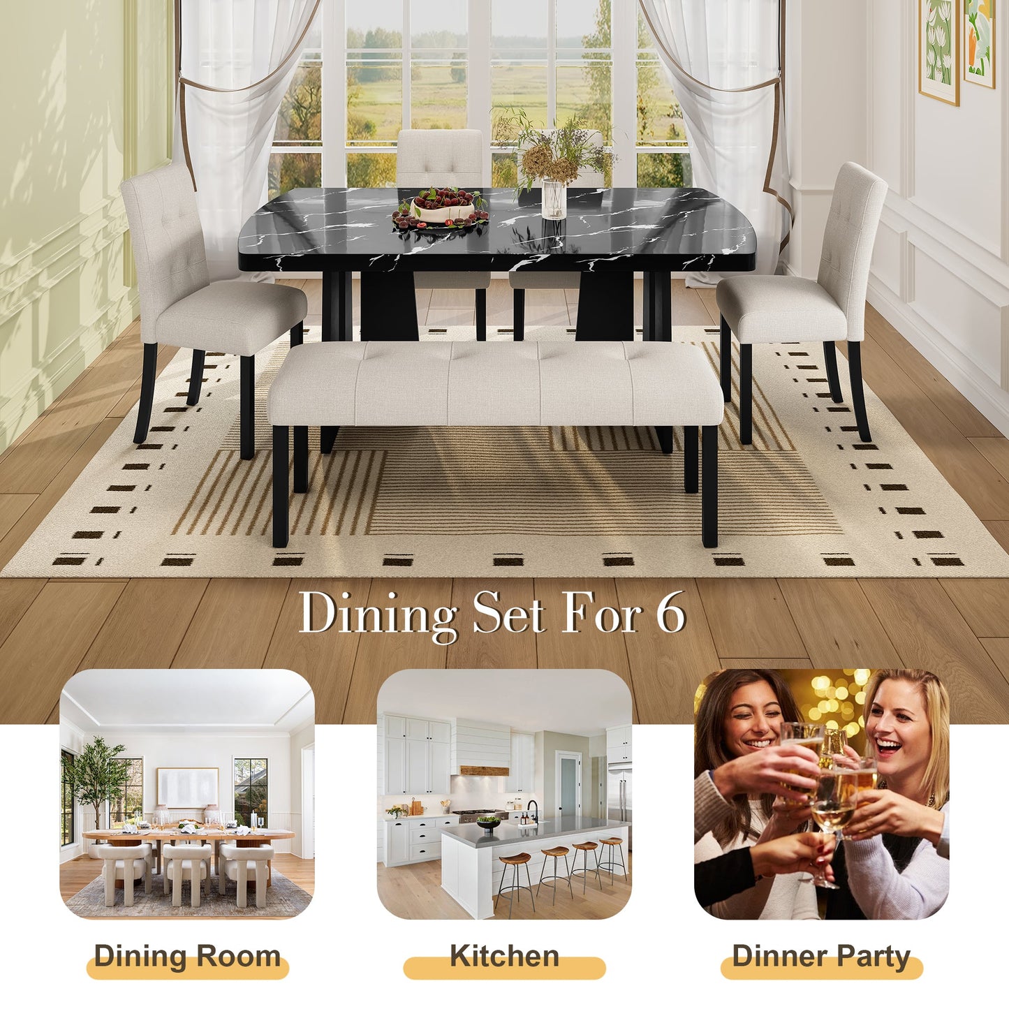 6 Piece Modern Dining Table Set, 63' Faux Marble Dining Table with Geometric