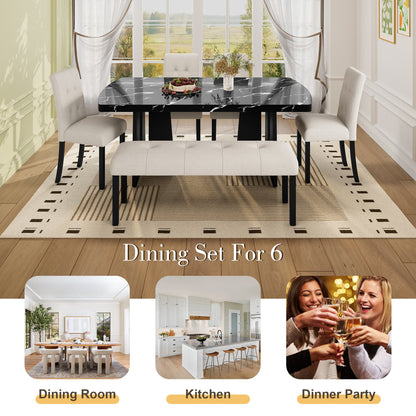 6 Piece Modern Dining Table Set, 63' Faux Marble Dining Table with Geometric