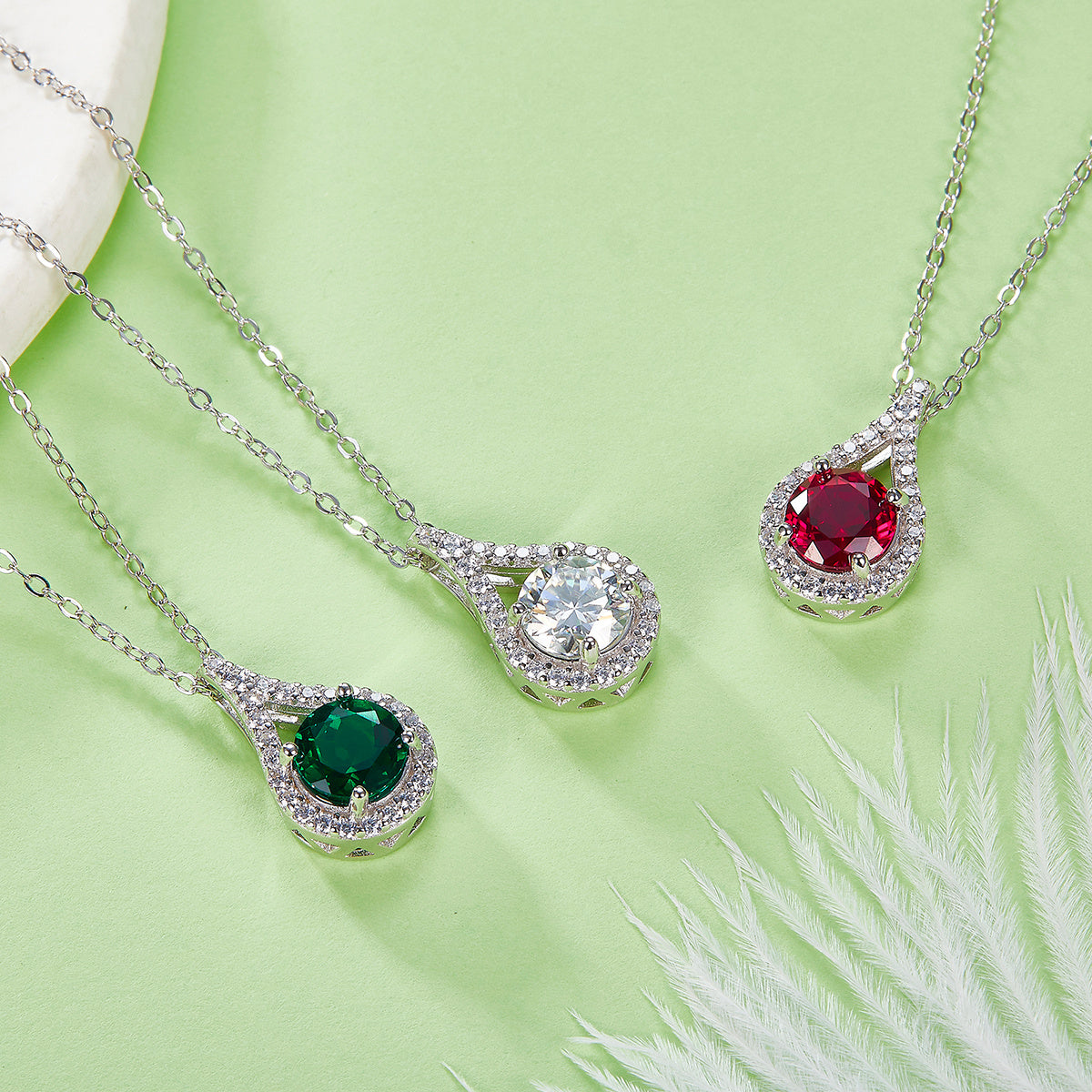 S925 Sterling Silver Teardrop Halo Necklace, 1ct Moissanite & Lab-Grown Ruby&Emerald, Platinum Plated Pendant With GRA Certificate Gift Box