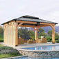 [12X14FT] Alora Modern Double-Tier Hardtop Spruce Wood Gazebo With Built-In Privacy Wall & Ceiling Hooks (SAK75086)
