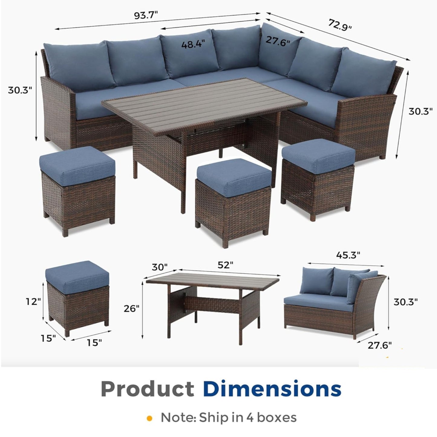 Outdoor Dining Set PE Rattan Brown Blue 7 Piece Seats 8