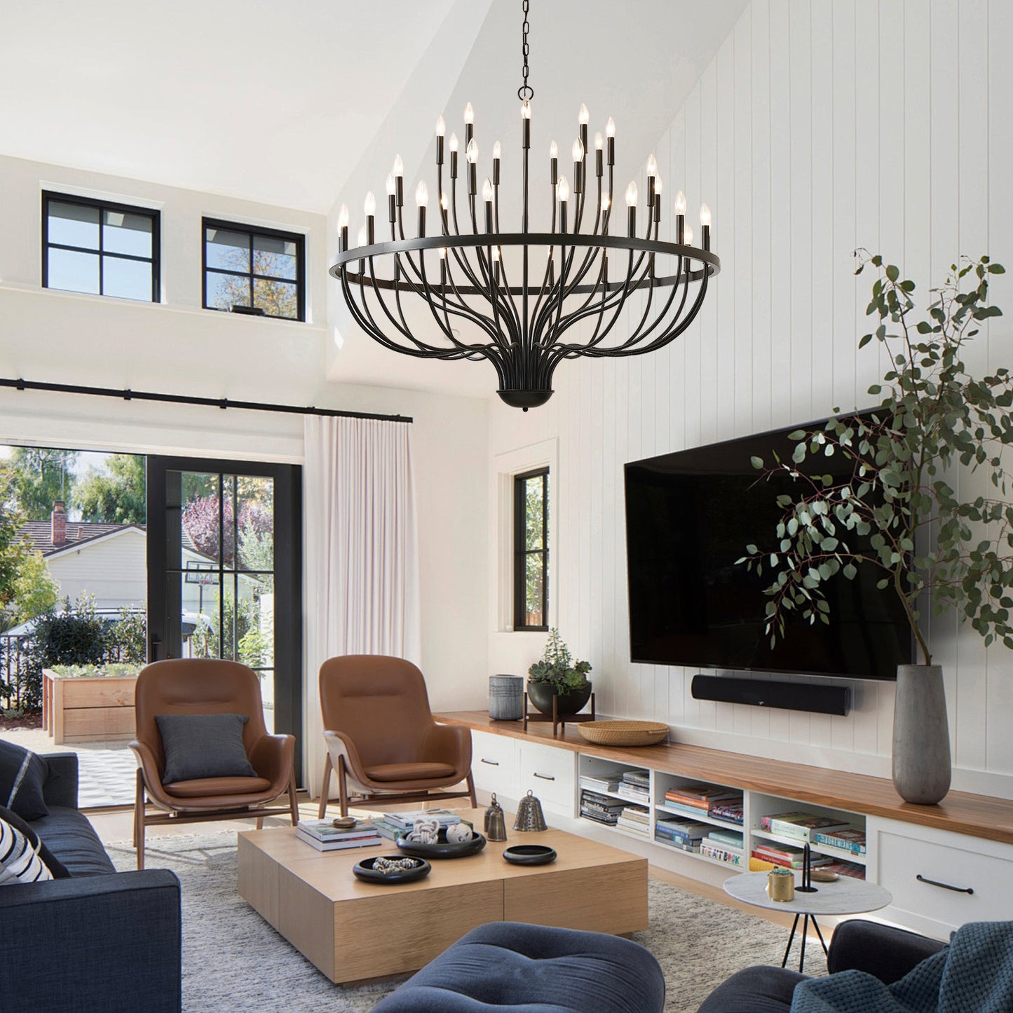 Chandelier 36-Light Black Industrial Iron Candle Farmhouse Pendant