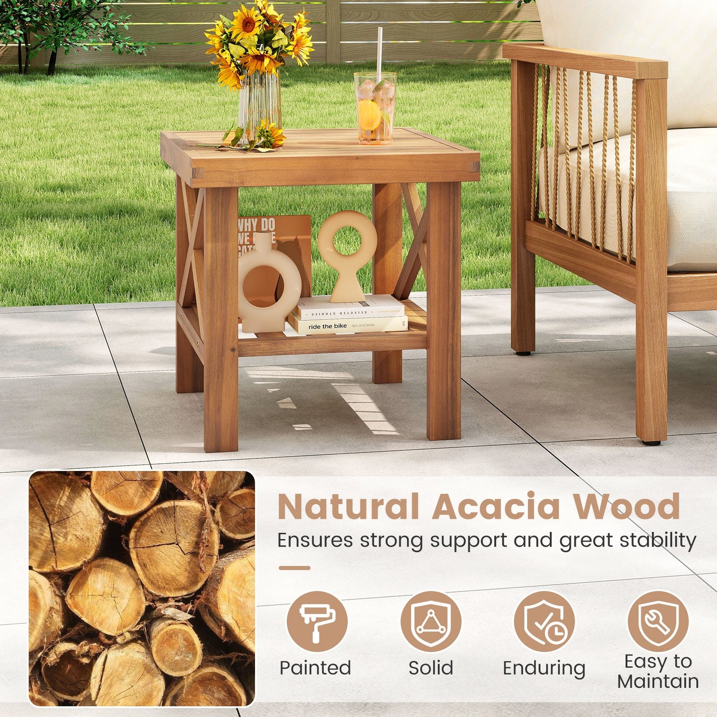 Outdoor Side Table with Storage Shelf for Small Space
