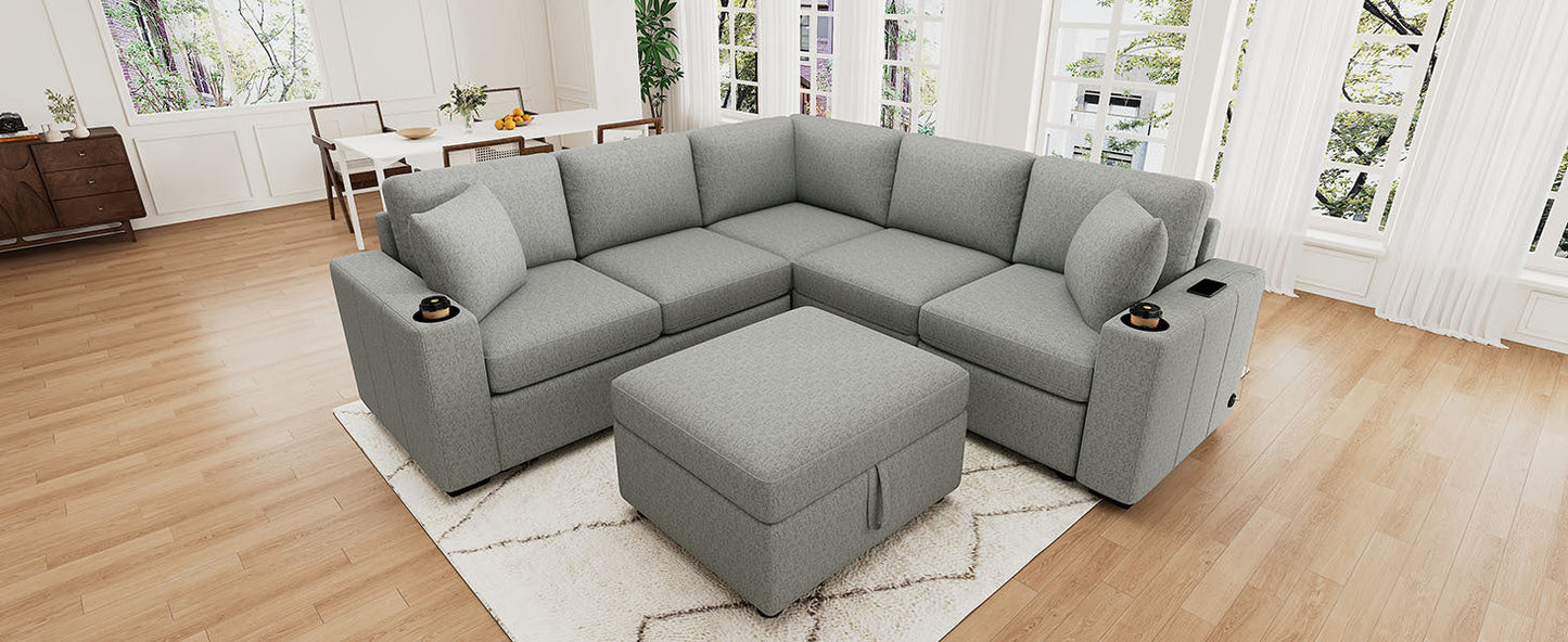 84" Sectional Sofa Convertible Pull-Out USB Gray