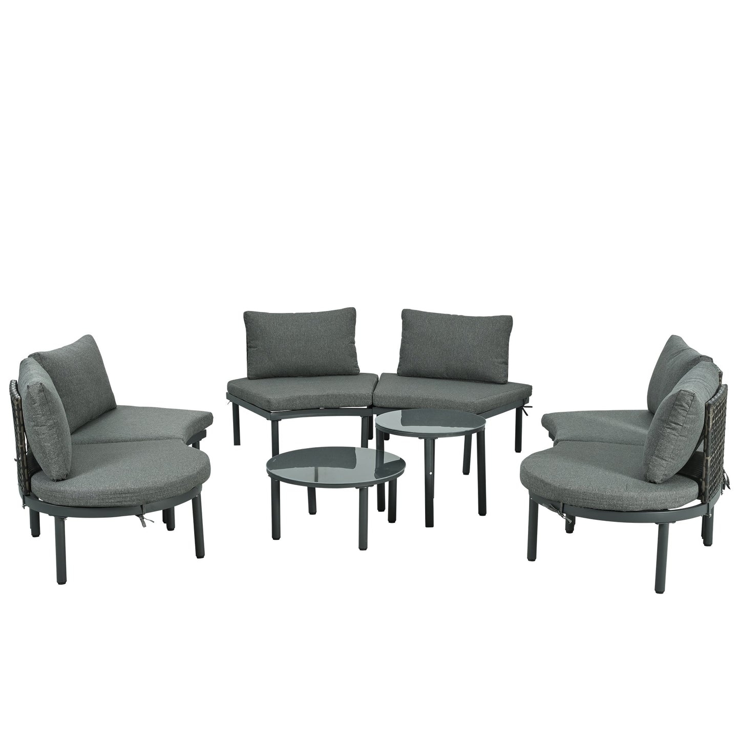 Outdoor Patio Set Half Moon Wicker Aluminum Gray 8 Piece 2 Tables