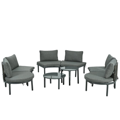 Outdoor Patio Set Half Moon Wicker Aluminum Gray 8 Piece 2 Tables