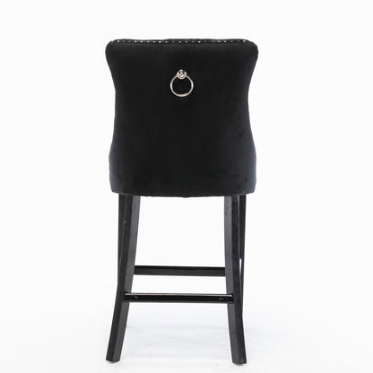 Contemporary Velvet Upholstered Barstools Button Tufted with Wood Legs, Set of 2, Black