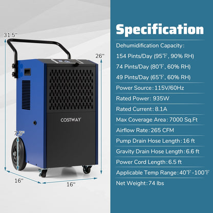 154 Pints Commercial Dehumidifier with Pump and Drain Hoses