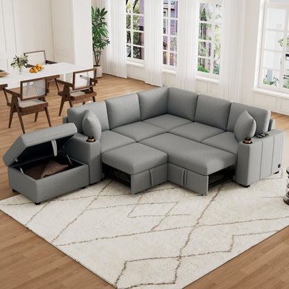 84" Sectional Sofa Convertible Pull-Out USB Gray