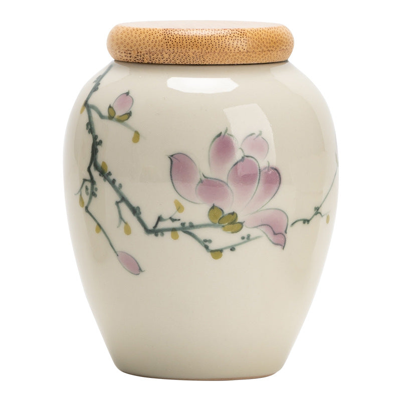 Chinese Hand-painted Ceramic Food Storage Jar Sealed Storage Portable Moisture-proof Bamboo Cover