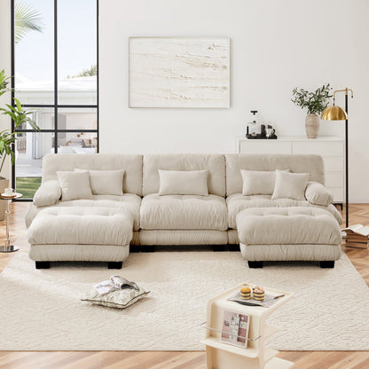 Sectional Sofa U-Shape Chenille Light Coffee 3 Seat 2 Ottomans
