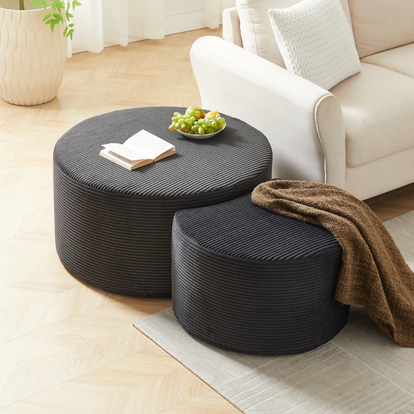 Upholstered Round Coffee Table Set of 2, Black Corduroy Fabric, No Assembly