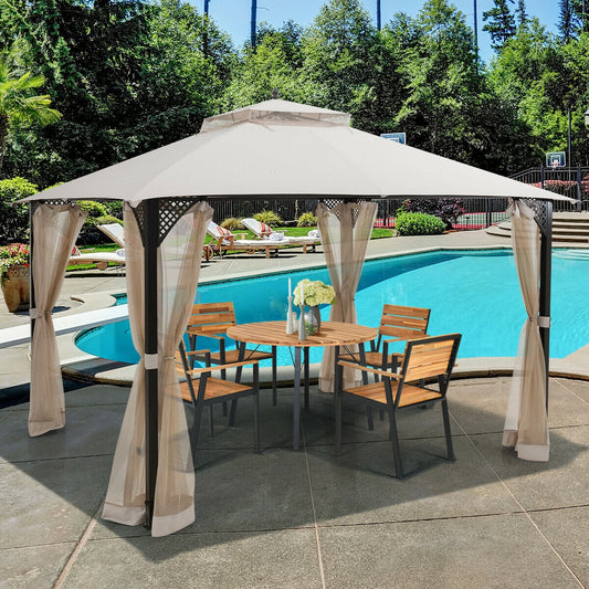12 x 10 Feet Outdoor Double Top Patio Gazebo with Netting-Brown