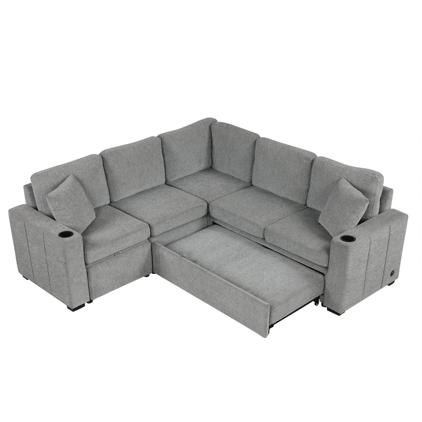 84" Sectional Sofa Convertible Pull-Out USB Gray