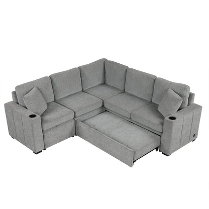 84" Sectional Sofa Convertible Pull-Out USB Gray