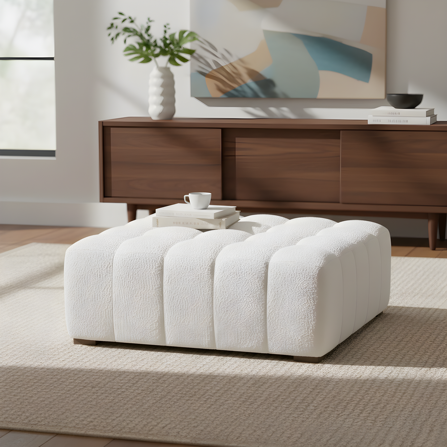 White Boucle Rectangular Ottoman Rubberwood Legs 44.5x35.5x18.5