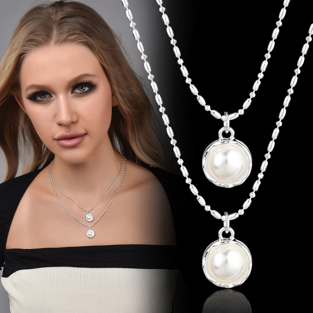 Double Layer Dainty Pearl Choker Necklace, Two-Tier Irregular Collarbone Chain, Minimal French Jewelry For European Spanish Women