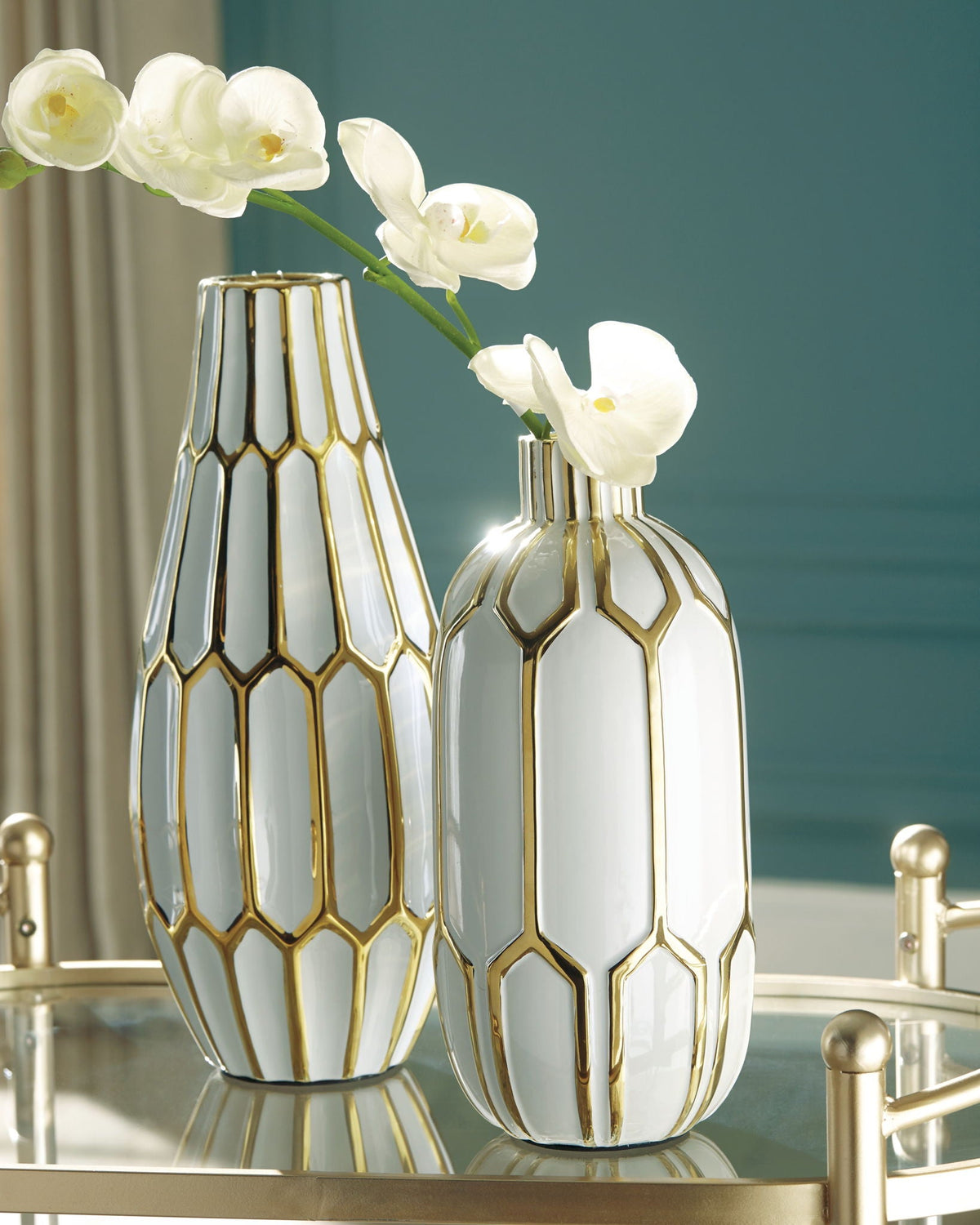 Mohsen - Vase Set (Set of 2) - Gold Finish / White