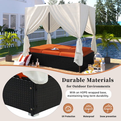 Outdoor Double Chaise Lounge Daybed with Curtains,Patio Outdoor Sunbed with