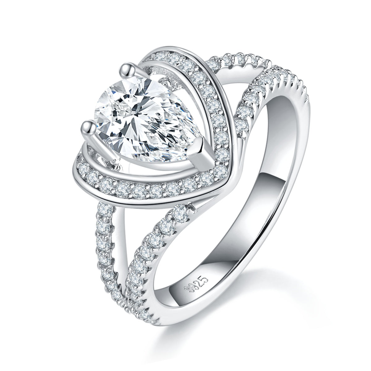 S925 Sterling Silver 1ct Heart Cut Moissanite Ring, 5x8mm D-VVS1 Split Shank Pave Halo, Platinum Plated US Sizes 5-9, GRA Certificate Gift Box