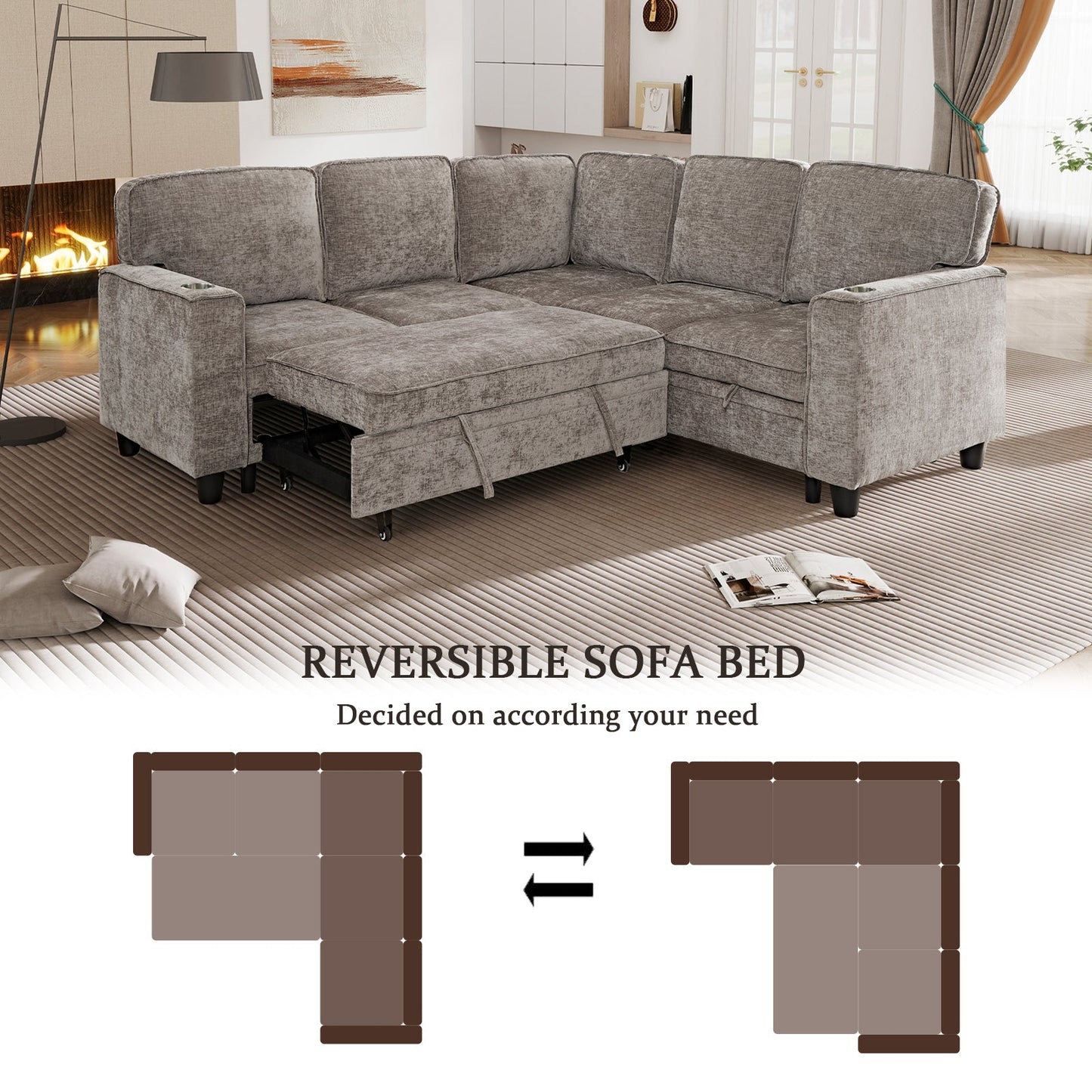Sectional Sofa L-Shape Chenille Brown 5 Seat USB Ports Pull-Out 81 In