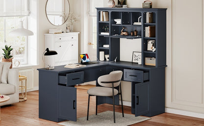 L-Shaped Computer Desk with 2 Cabinets and 2 Drawers, 11 Open Shelves and 1 R...
