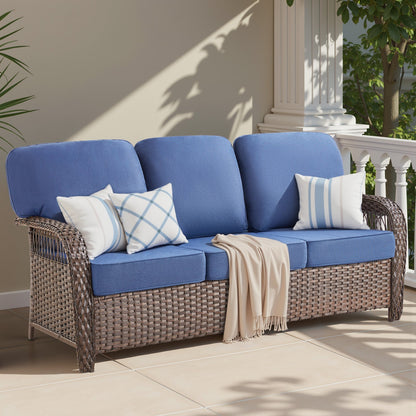 Outdoor Sofa T-Back PE Rattan Blue 3 Seat 5 in Foam Cushions 75in