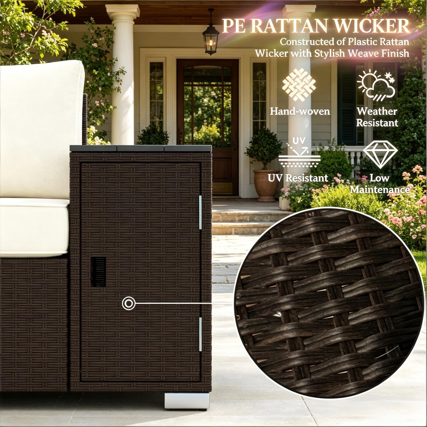 Outdoor Sofa Set Wicker Cream Brown 3 Seat Storage Armrests 794 lb Cap