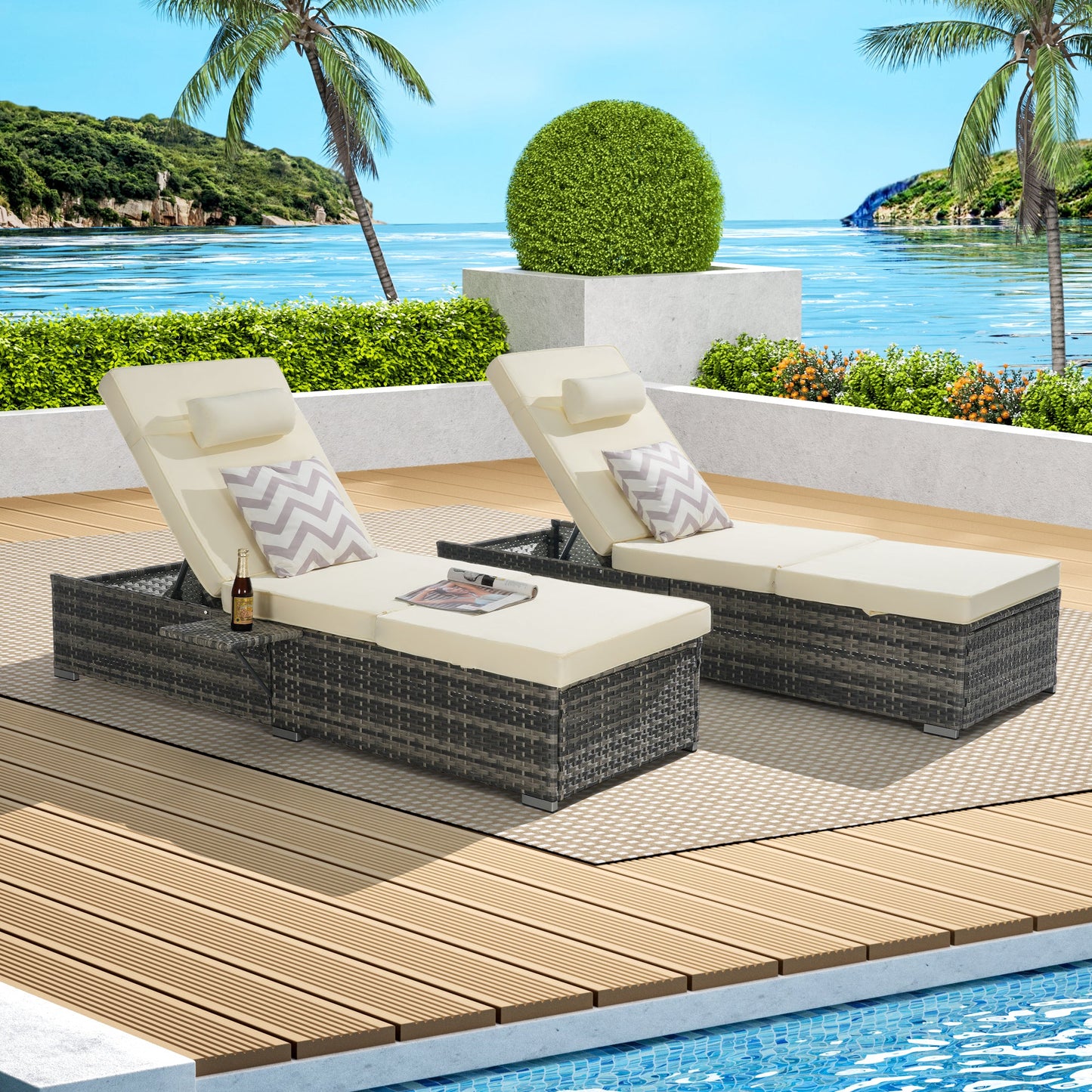 Outdoor Chaise Lounge Set PE Rattan 2 Piece Beige