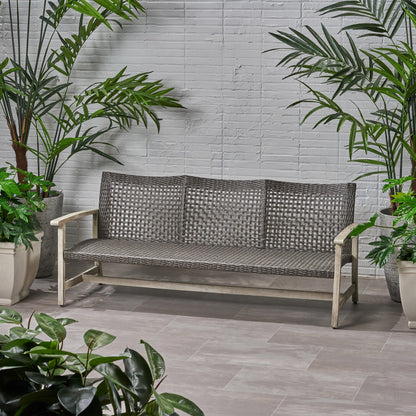Outdoor Sofa Acacia Wood Wicker 3 Seater Gray 75.5in