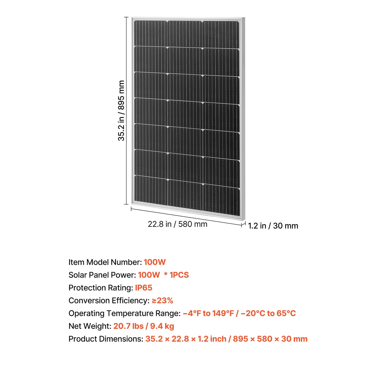 100W Monocrystalline Solar Panel, 23% Efficiency, IP65 Waterproof, RV Boat