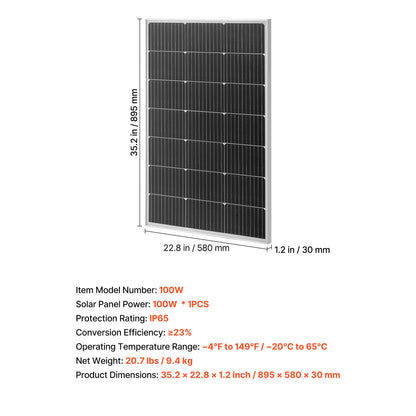 100W Monocrystalline Solar Panel, 23% Efficiency, IP65 Waterproof, RV Boat