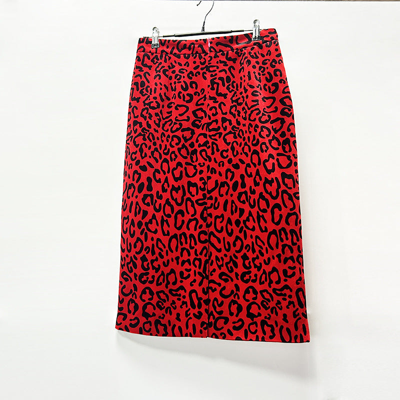Leopard Print Double Breasted Blazer & Midi Pencil Skirt 2-Piece Suit Set