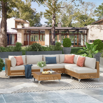 Outdoor Patio Sectional Set Rattan Metal Beige 7 Piece Tempered Glass
