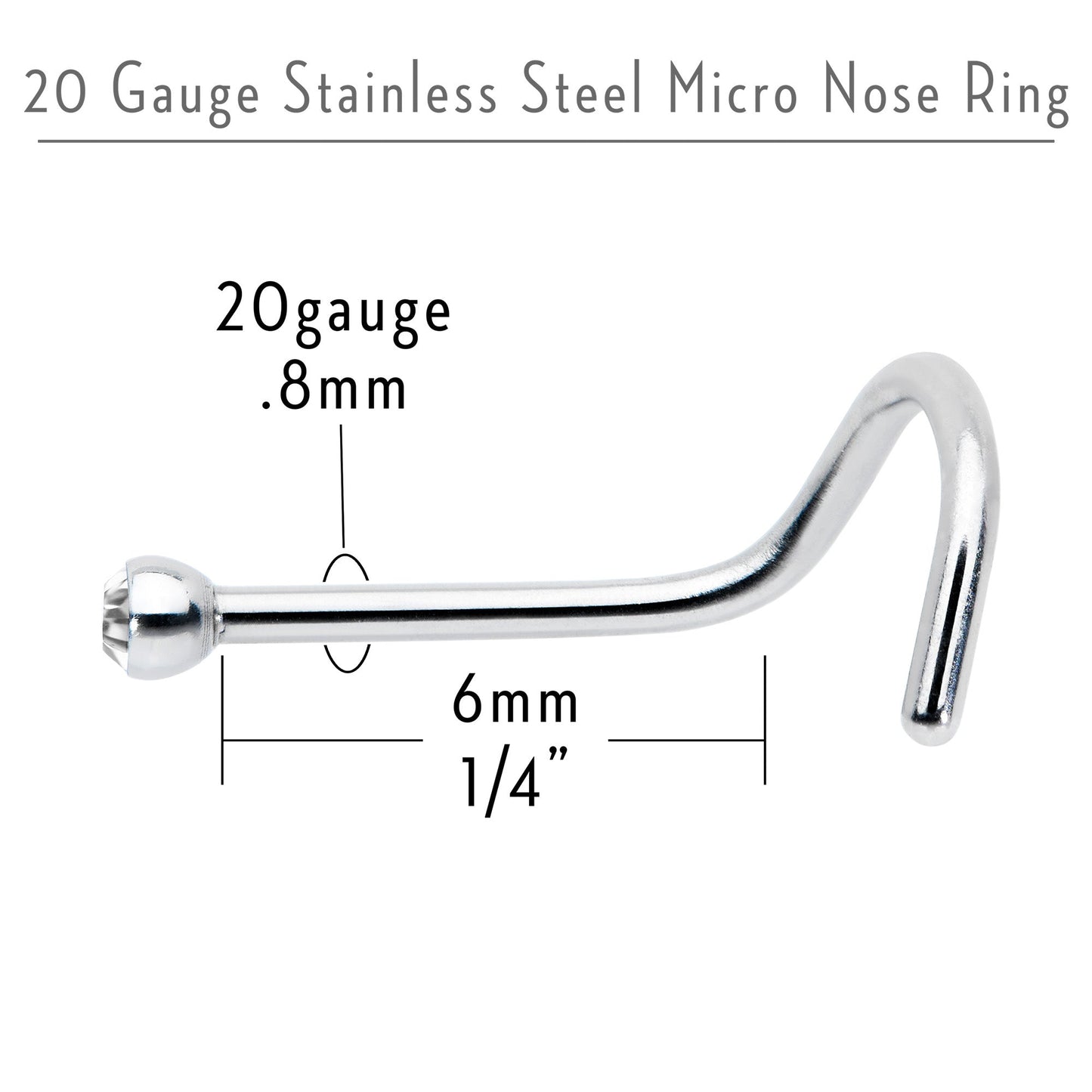20G Stainless Steel Crystalline Gem Micro Nose Ring Twister