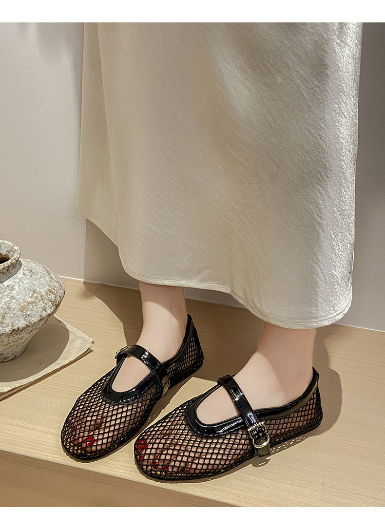 Women Flat Single Shoes, 2026 Summer New Hollow Mesh Breathable Sandals, Soft Sole Fishnet French Mary Janes