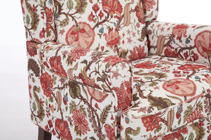 Accent Chair Wingback Linen Floral Red Pine Legs 28x30x38 In