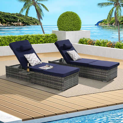 Outdoor Chaise Lounge Chair Set of 2, Rattan Storage Patio Pool Chairs with Cushion