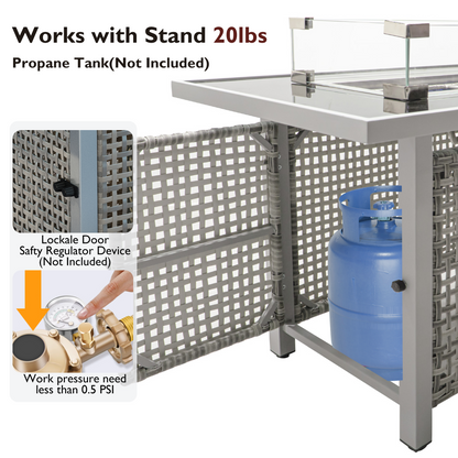 43 in Propane Gas Fire Pit Table 60,000 BTU Rectangular Open Weave Wicker, Grey