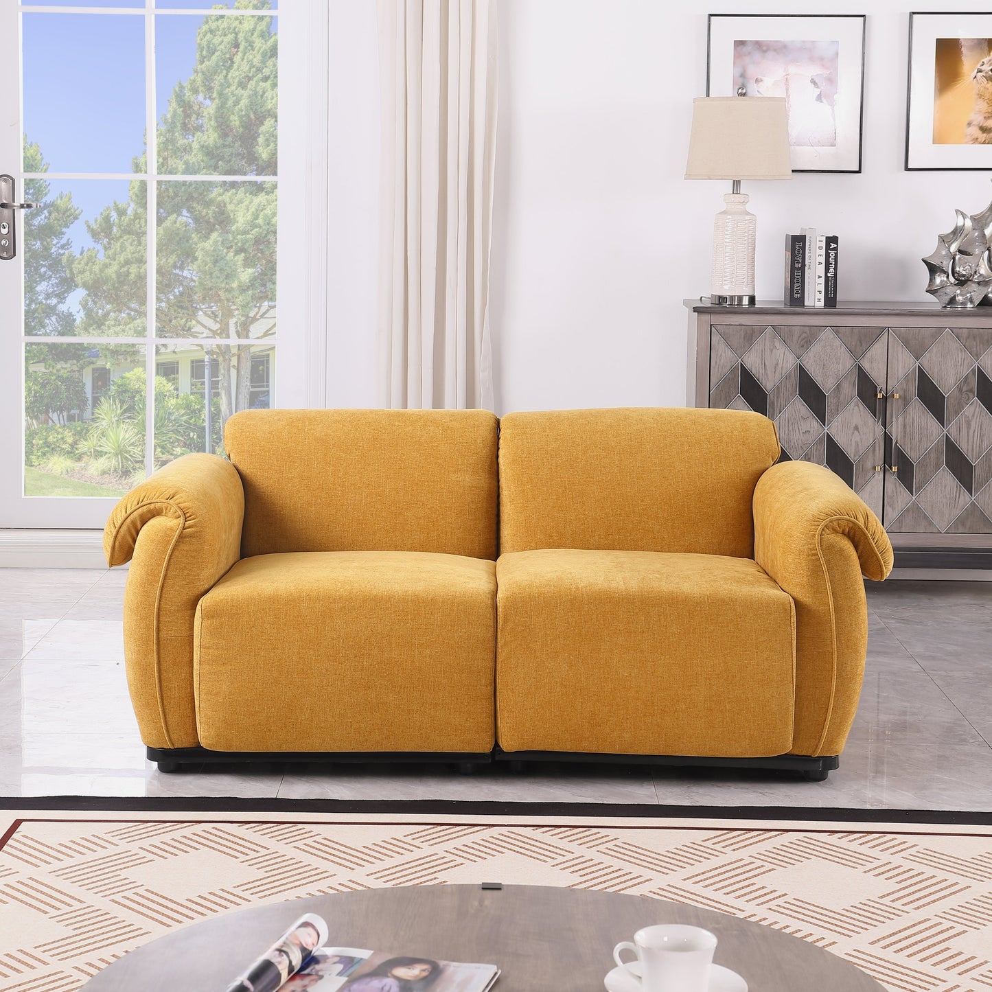 Loveseat Modular Chenille Yellow Iron Frame 2 Seat 68.5 In