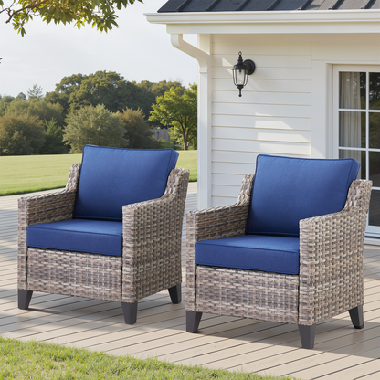 Outdoor Lounge Chair Set Wicker Blue Sloped Armrest 4 in Cushion 2 Piece