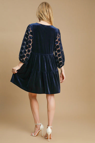 Dotted Lace Sleeve Tiered Velvet Mini Dress For Women – Vintage Velvet Dress, Lace Sleeve Mini Dress, Tiered Velvet Dress, Elegant Party Dress
