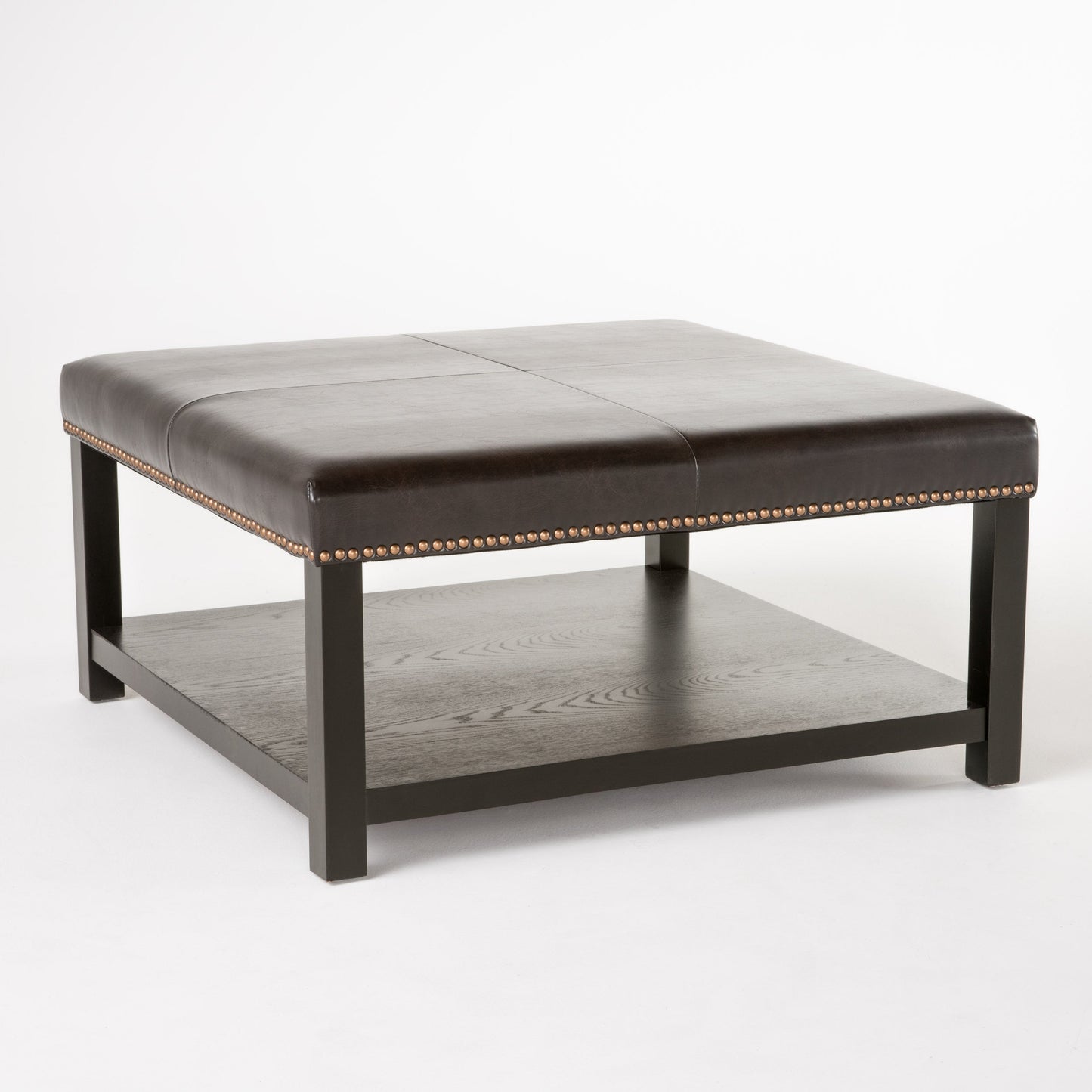 Large Square Ottoman Bench Faux Leather Coffee Table with Rack and Wood Legs