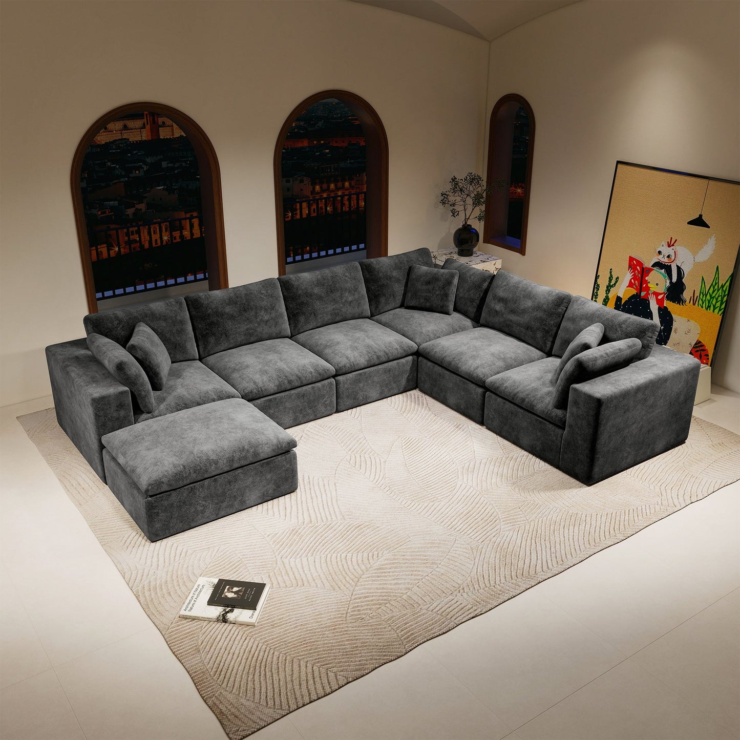 Sectional Sofa L-Shape Corner Corduroy Gray 7 Seat Chaise No Assembly